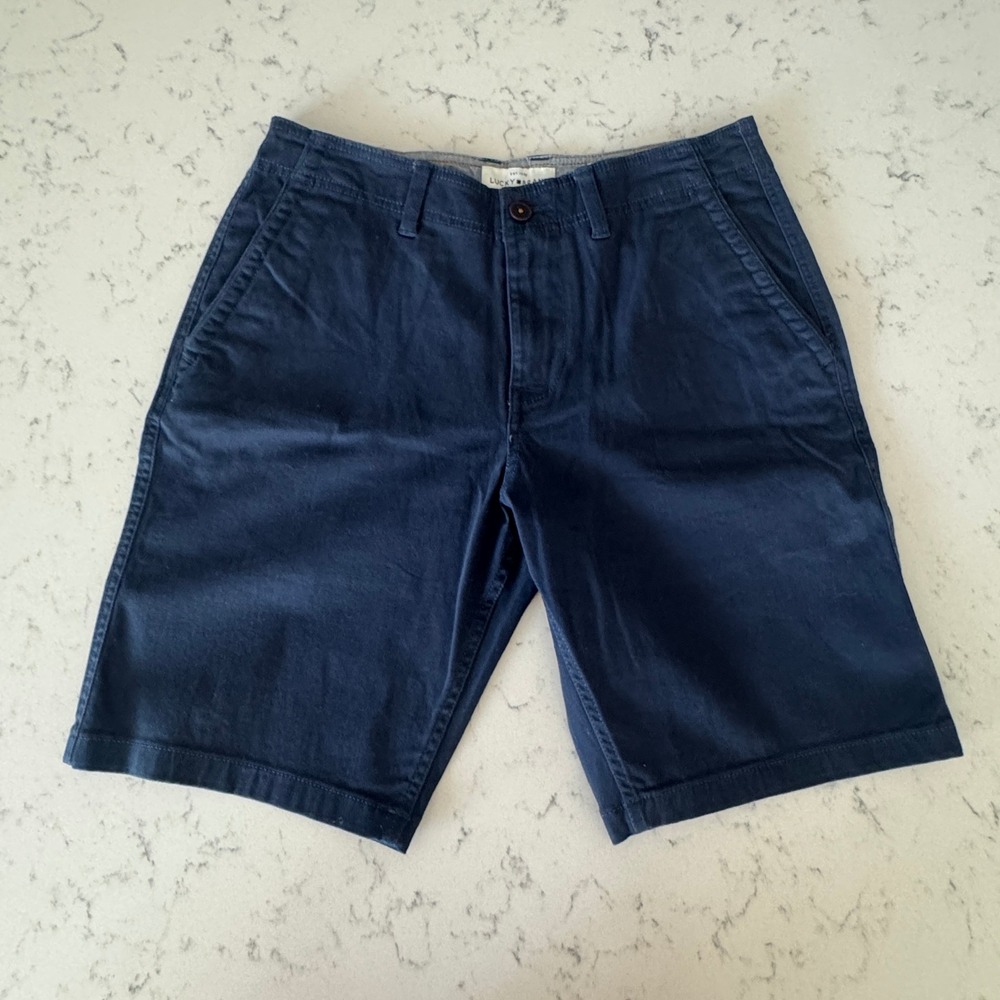 Lucky Brand Saturday Stretch Shorts Mens 30 Navy Blue Chino Flat Front Cotton